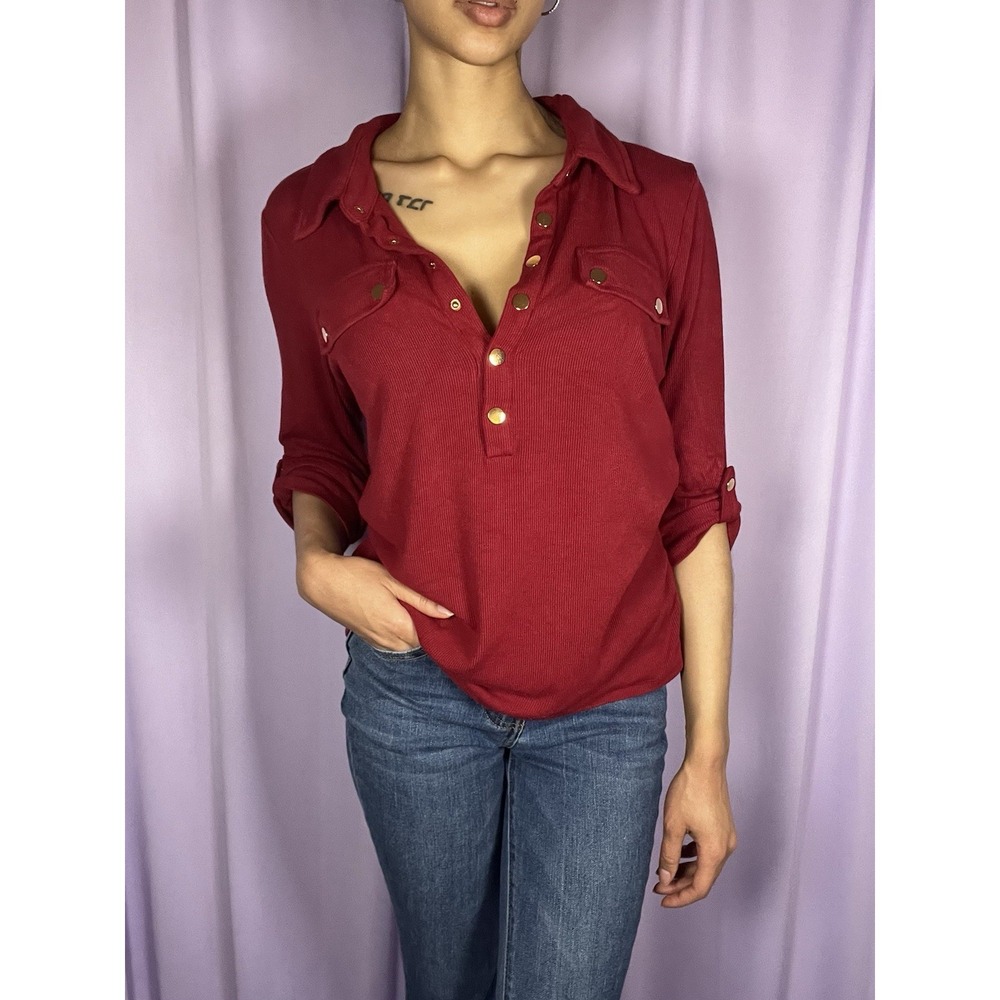 Catherine Malandrino Red Ribbed Knit Top Size M Collared Gold Button Preppy - Picture 4 of 10